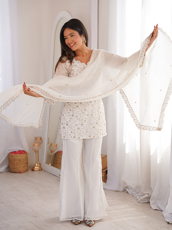 White Jari Work Crunchy Silk Top & Bell Bottom Pant With Dupatta