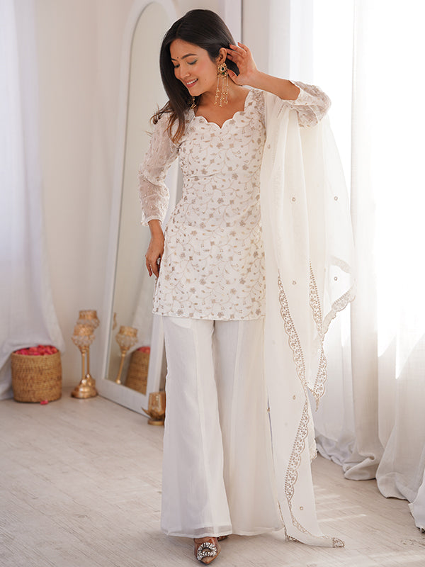 White Jari Work Crunchy Silk Top & Bell Bottom Pant With Dupatta