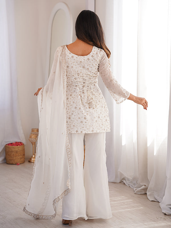 White Jari Work Crunchy Silk Top & Bell Bottom Pant With Dupatta