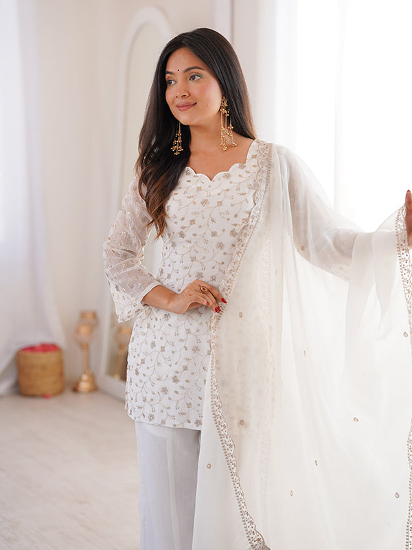 White Jari Work Crunchy Silk Top & Bell Bottom Pant With Dupatta