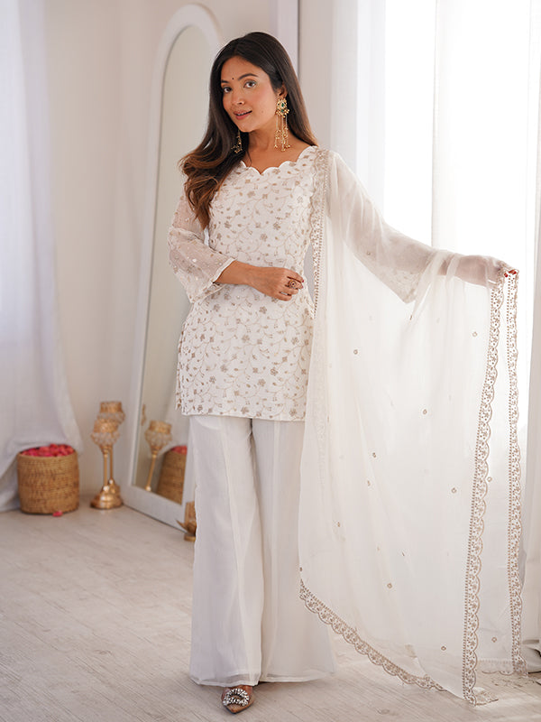 White Jari Work Crunchy Silk Top & Bell Bottom Pant With Dupatta