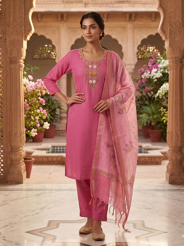 Light Pink Beautiful Hand Work Mal Chanderi Kurti Pant With Dupatta