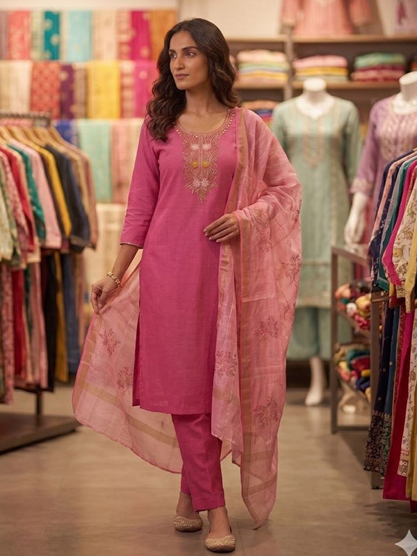 Light Pink Beautiful Hand Work Mal Chanderi Kurti Pant With Dupatta