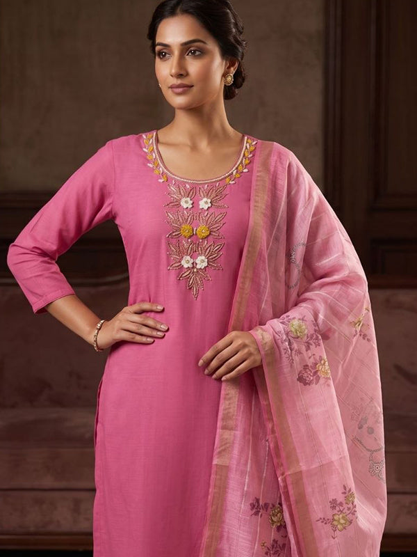 Light Pink Beautiful Hand Work Mal Chanderi Kurti Pant With Dupatta