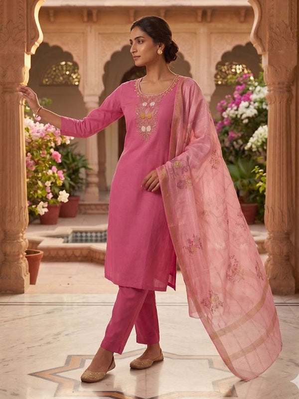 Light Pink Beautiful Hand Work Mal Chanderi Kurti Pant With Dupatta