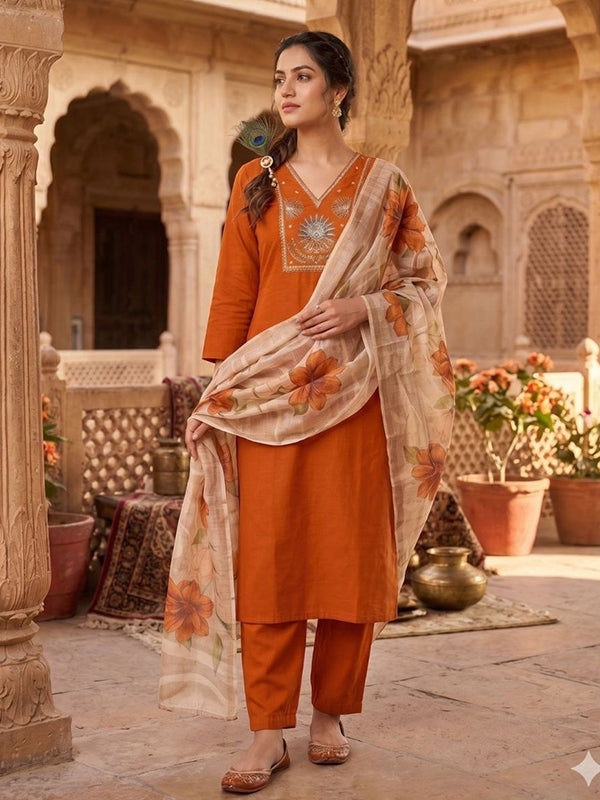 Light Rust Beads Embroidery Work Roman Silk Kurti Pant With Dupatta
