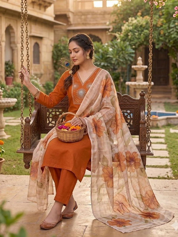 Light Rust Beads Embroidery Work Roman Silk Kurti Pant With Dupatta