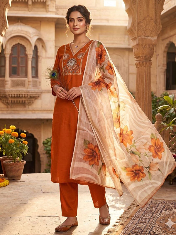 Light Rust Beads Embroidery Work Roman Silk Kurti Pant With Dupatta