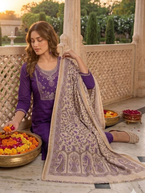 Violet Beads Embroidery Work Roman Silk Kurti Pant With Dupatta