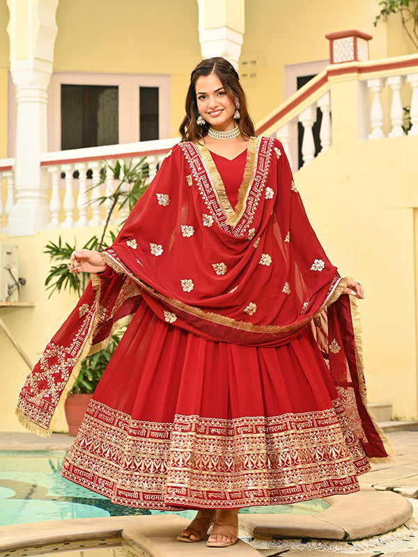 Red Faux Blooming Embroidery Zari Sequins Work Gown
