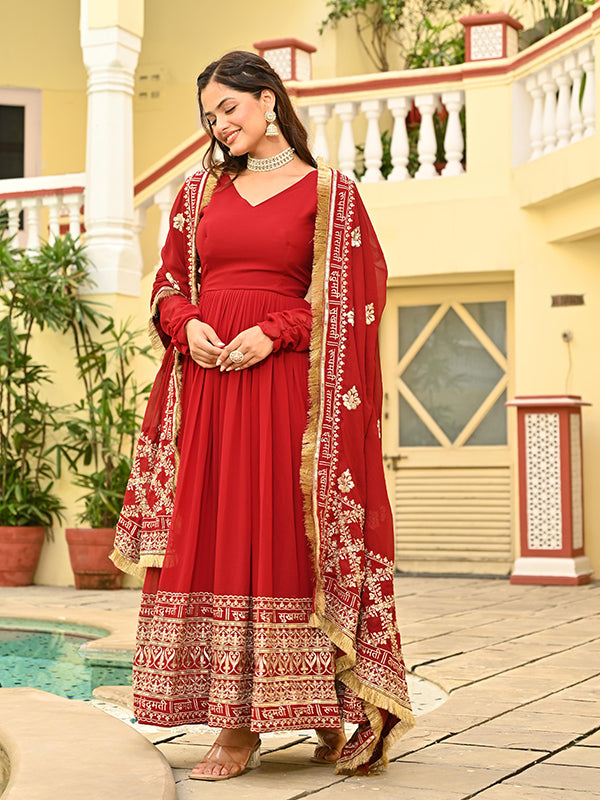 Red Faux Blooming Embroidery Zari Sequins Work Gown