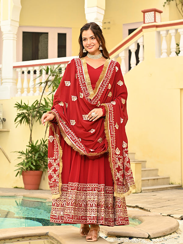 Red Faux Blooming Embroidery Zari Sequins Work Gown