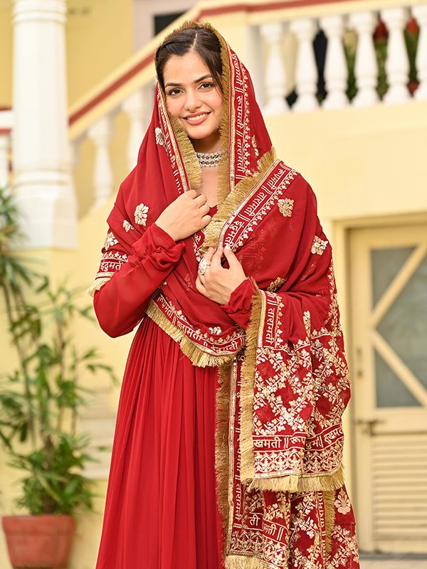 Red Faux Blooming Embroidery Zari Sequins Work Gown