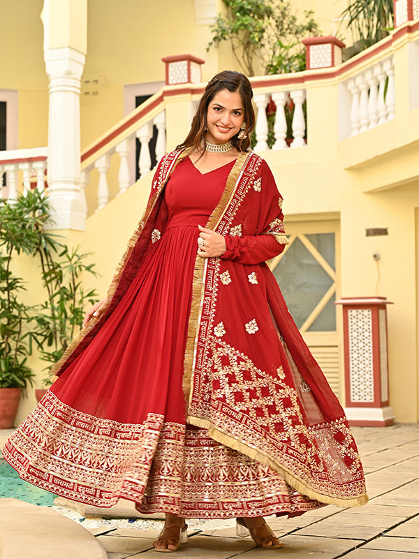 Red Faux Blooming Embroidery Zari Sequins Work Gown