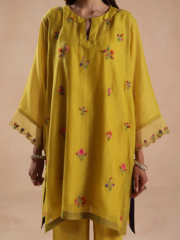 Mustard Yellow Chanderi Silk Floral Embroidered Kurta Pant Set