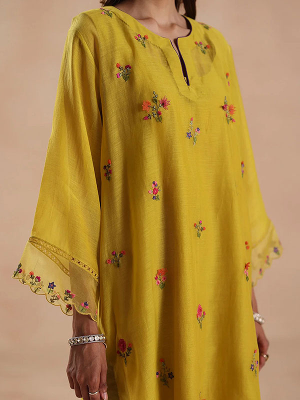 Mustard Yellow Chanderi Silk Floral Embroidered Kurta Pant Set