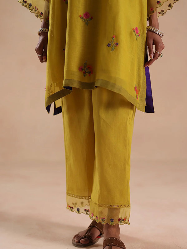 Mustard Yellow Chanderi Silk Floral Embroidered Kurta Pant Set