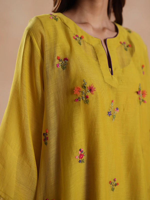 Mustard Yellow Chanderi Silk Floral Embroidered Kurta Pant Set