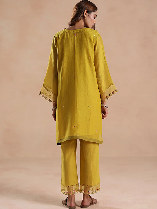 Mustard Yellow Chanderi Silk Floral Embroidered Kurta Pant Set