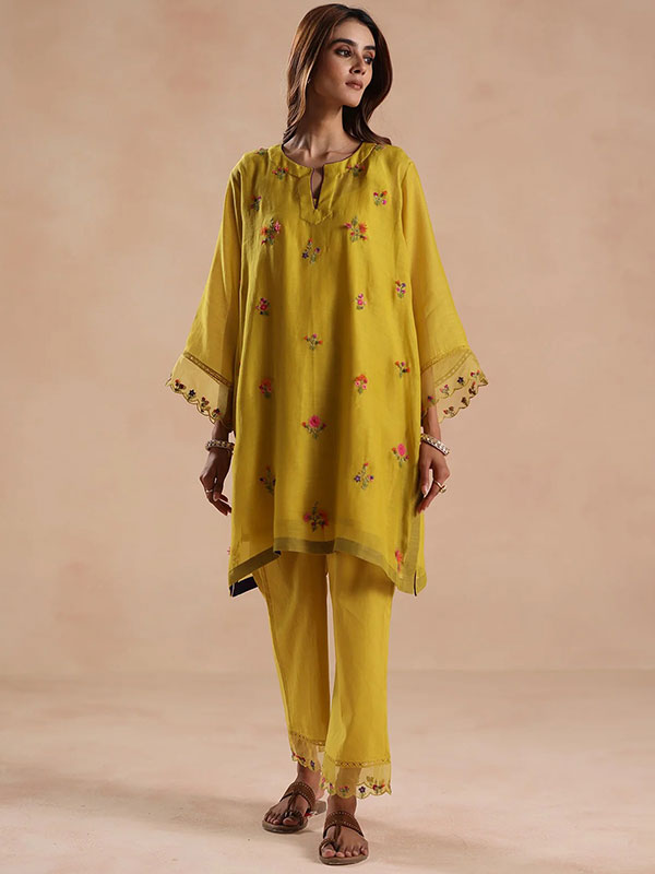 Mustard Yellow Chanderi Silk Floral Embroidered Kurta Pant Set