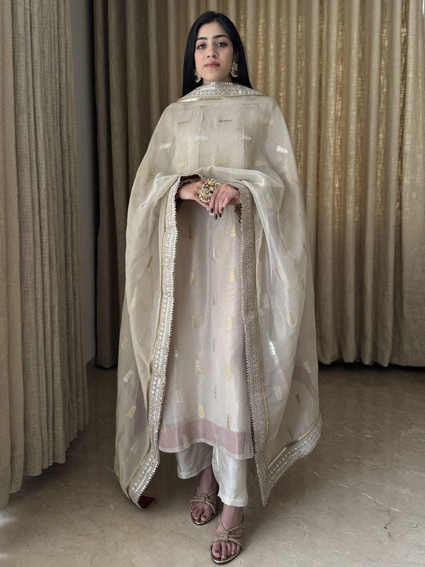 Ivory Embroidered Tissue Simmer 3 Piece Suit Set