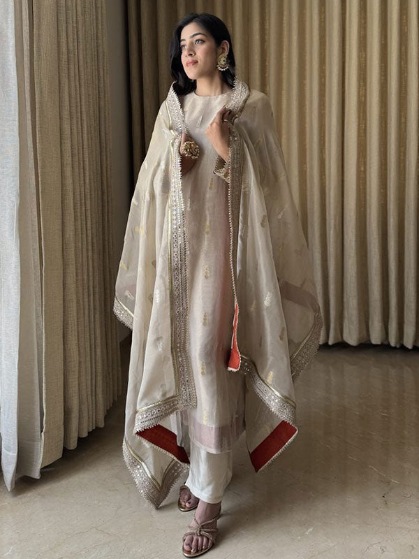 Ivory Embroidered Tissue Simmer 3 Piece Suit Set