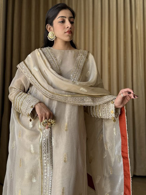 Ivory Embroidered Tissue Simmer 3 Piece Suit Set