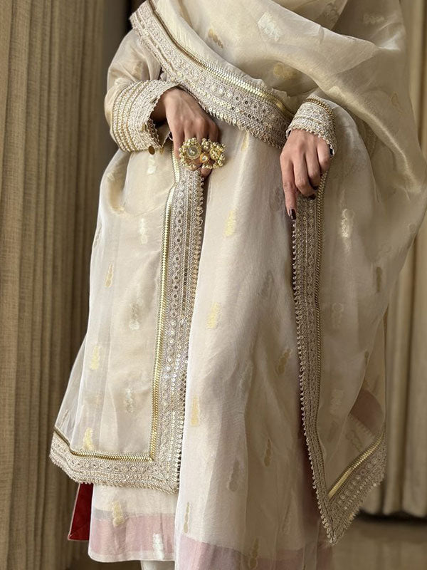 Ivory Embroidered Tissue Simmer 3 Piece Suit Set