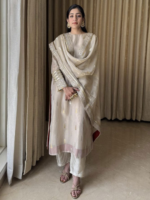Ivory Embroidered Tissue Simmer 3 Piece Suit Set