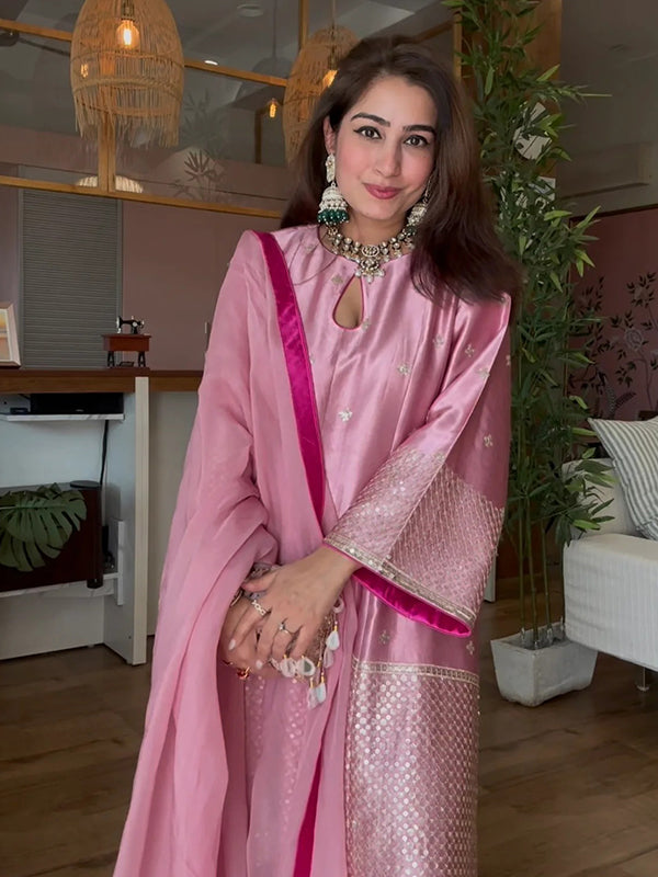 Pink Embroidered Silk Suit Set 3 Piece