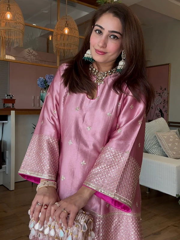 Pink Embroidered Silk Suit Set 3 Piece
