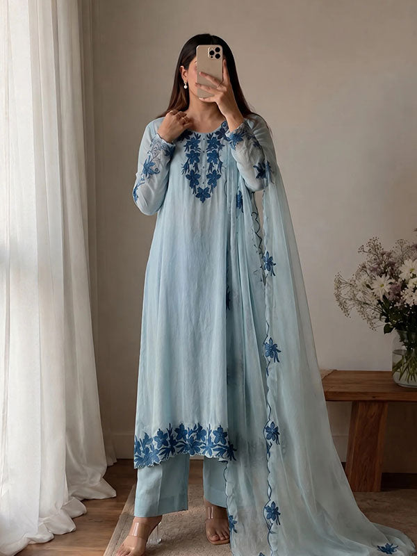 Sky Blue Mal Chanderi Embroidered Kurta Set with Dupatta