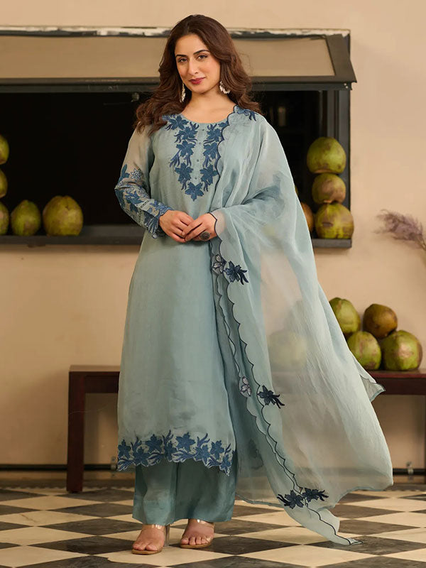 Sky Blue Mal Chanderi Embroidered Kurta Set with Dupatta