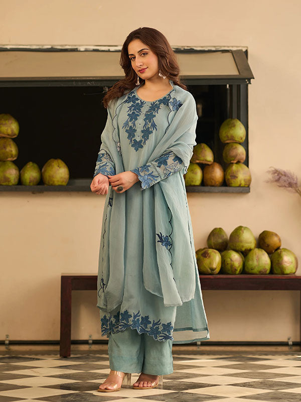Sky Blue Mal Chanderi Embroidered Kurta Set with Dupatta