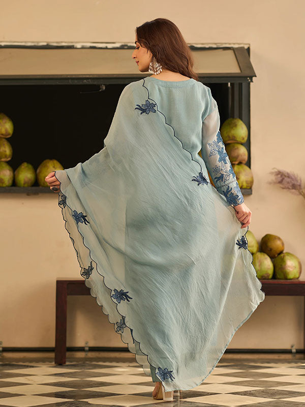 Sky Blue Mal Chanderi Embroidered Kurta Set with Dupatta