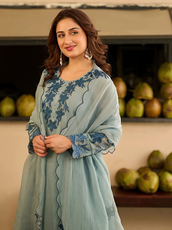 Sky Blue Mal Chanderi Embroidered Kurta Set with Dupatta