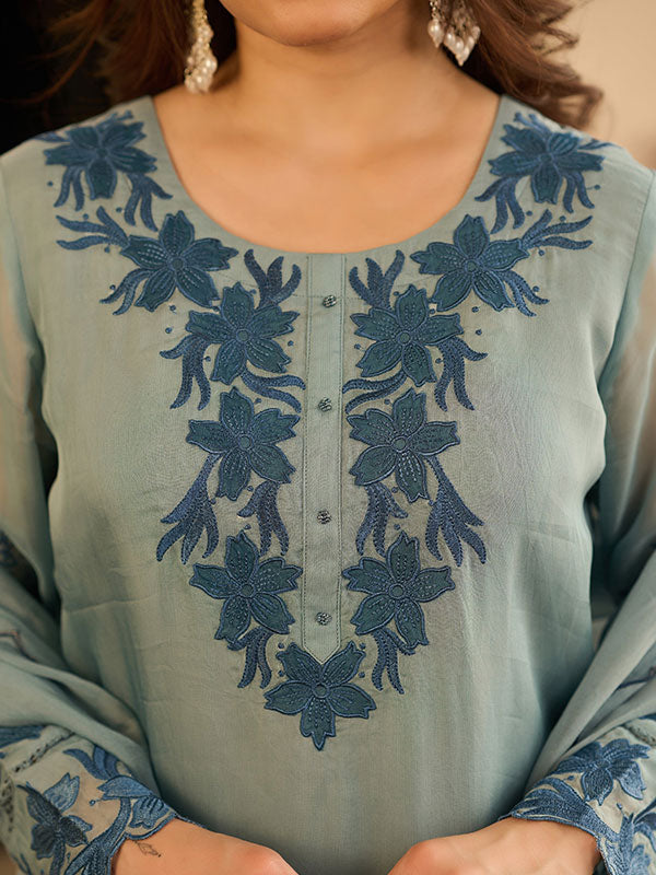 Sky Blue Mal Chanderi Embroidered Kurta Set with Dupatta