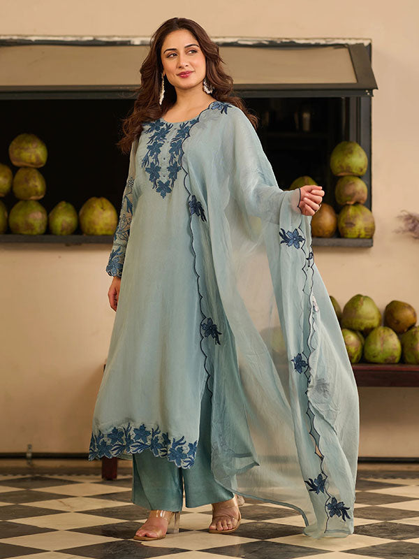 Sky Blue Mal Chanderi Embroidered Kurta Set with Dupatta