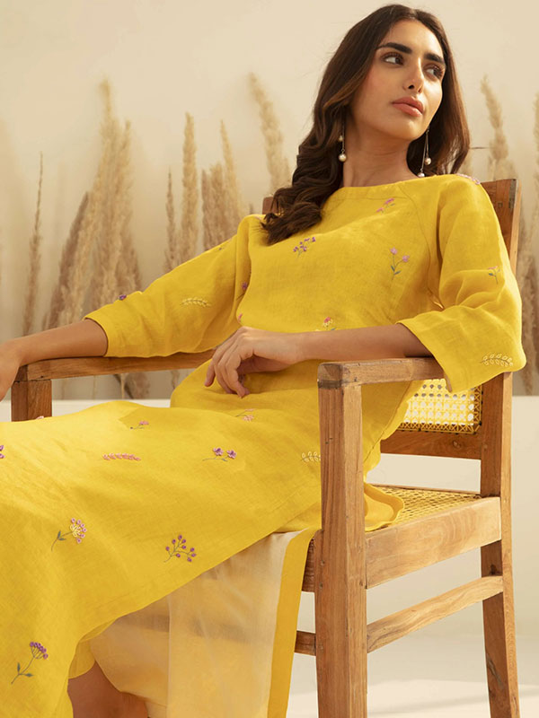 Yellow Mal Chanderi Floral Embroidered Straight Kurta Set