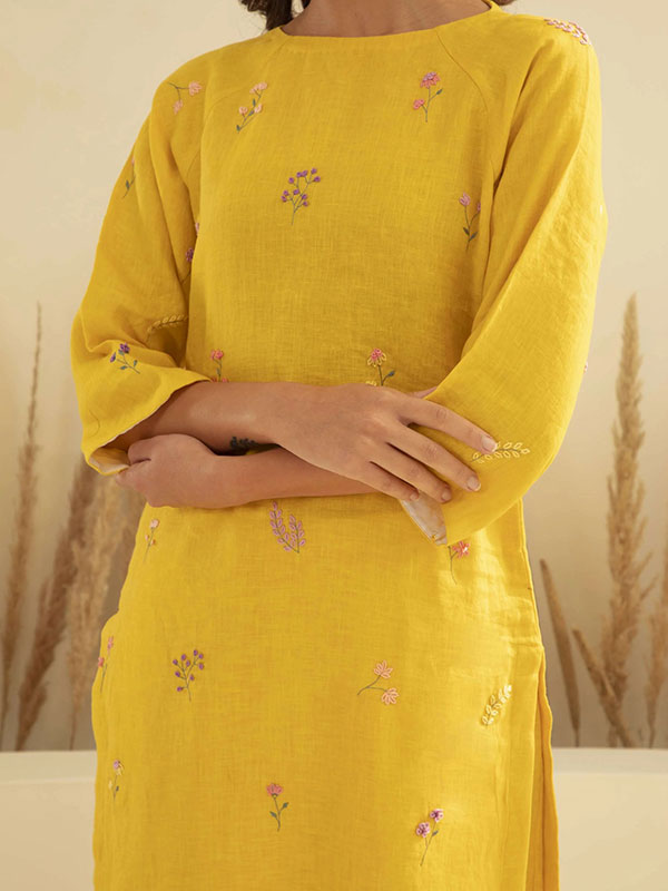 Yellow Mal Chanderi Floral Embroidered Straight Kurta Set