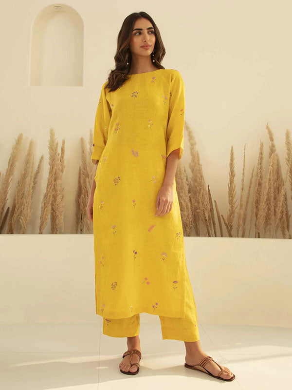 Yellow Mal Chanderi Floral Embroidered Straight Kurta Set