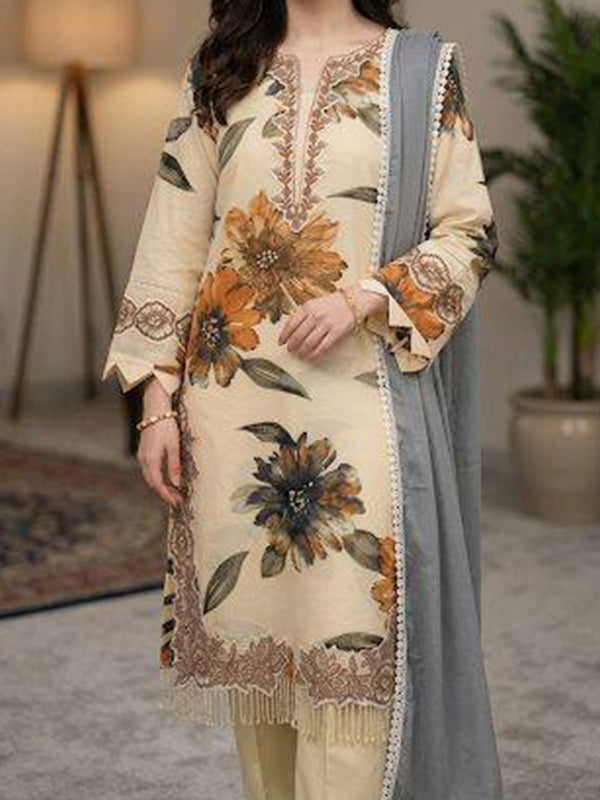 Beige Floral Printed Muslin Top Pant With Georgette Dupatta