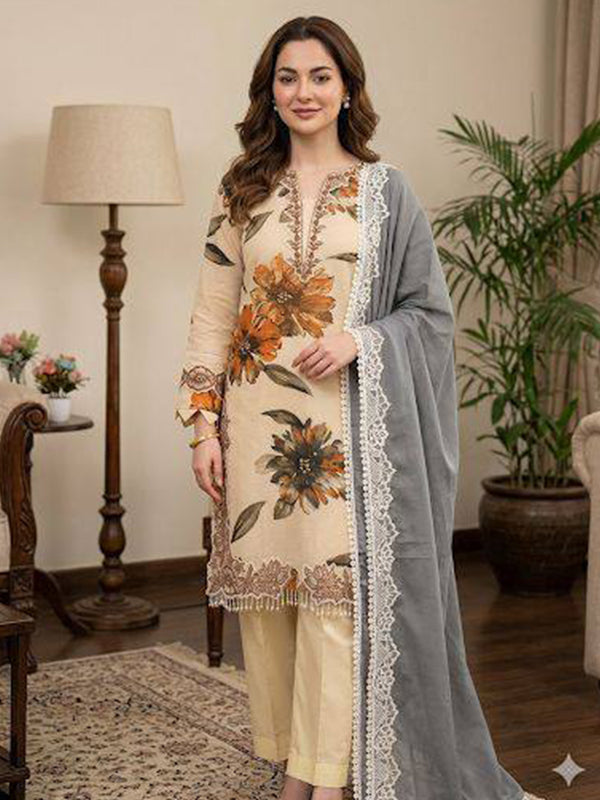 Beige Floral Printed Muslin Top Pant With Georgette Dupatta
