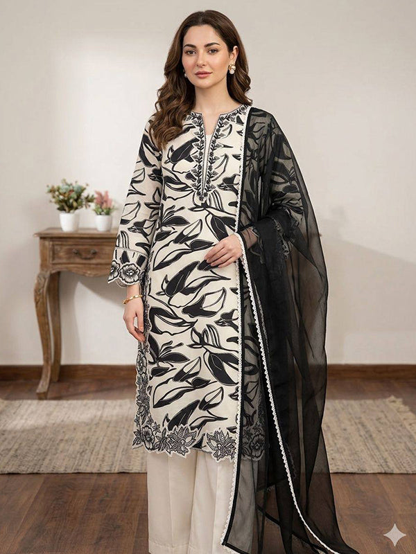 Black Floral Printed Muslin Top Pant With Georgette Dupatta