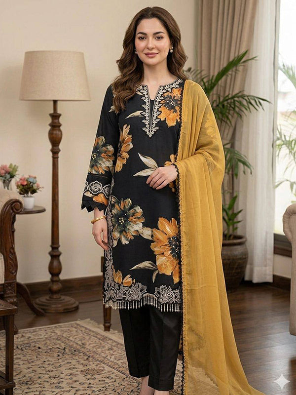 Navy Blue Floral Printed Muslin Top Pant With Georgette Dupatta