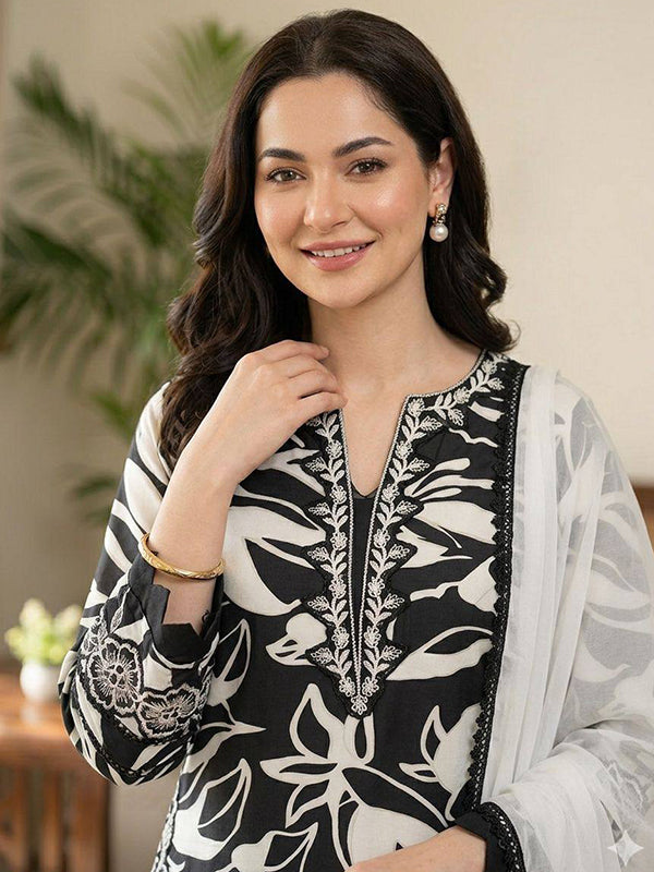 White Floral Printed Muslin Top Pant With Georgette Dupatta