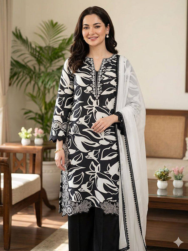 White Floral Printed Muslin Top Pant With Georgette Dupatta