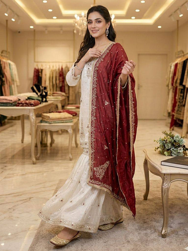 White Sequence Embroidery Work Fendy Silk Top Sharara With Maroon Dupatta