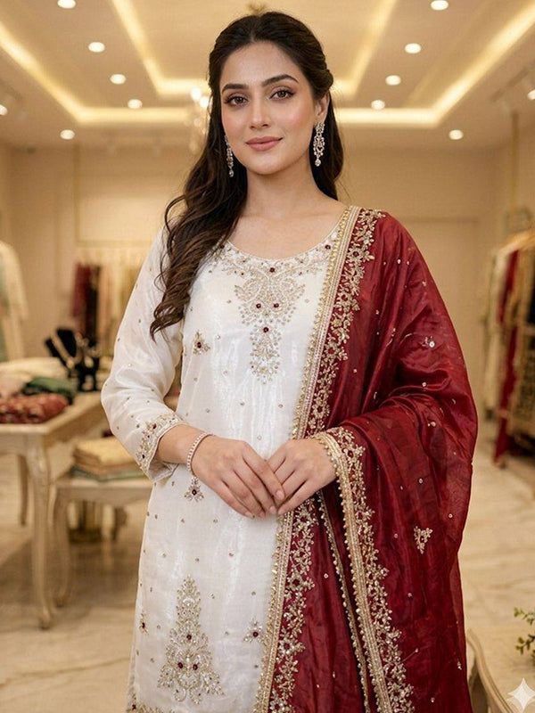 White Sequence Embroidery Work Fendy Silk Top Sharara With Maroon Dupatta