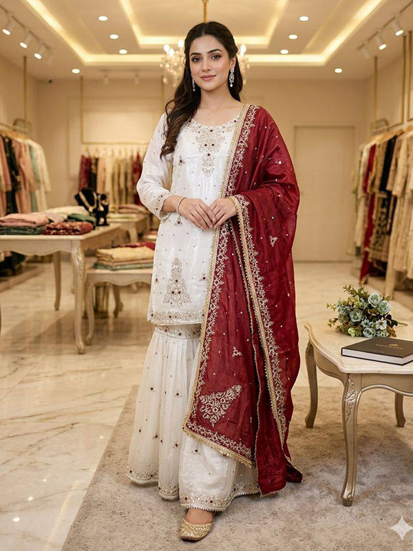 White Sequence Embroidery Work Fendy Silk Top Sharara With Maroon Dupatta